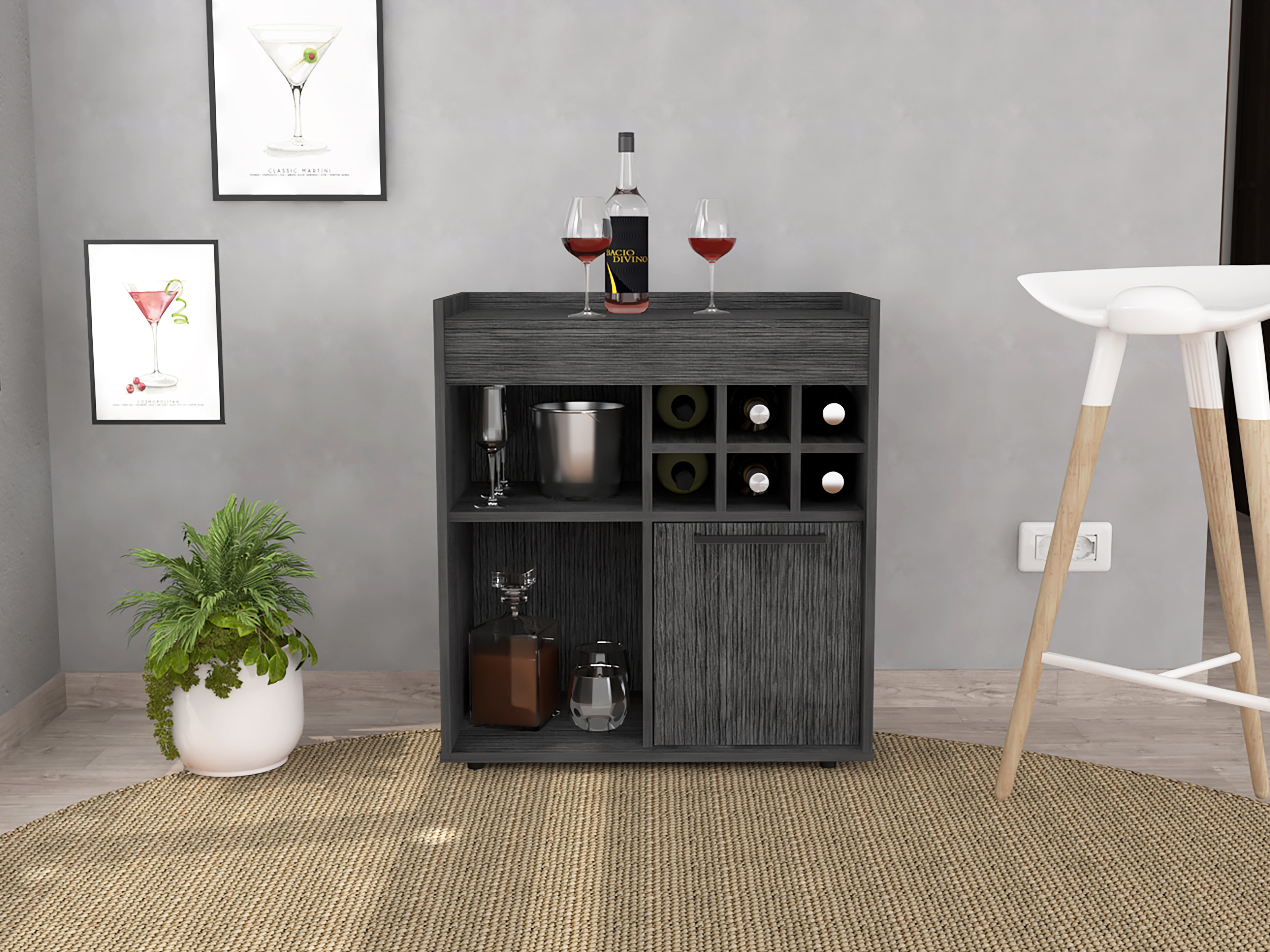 Lyon Bar Cabinet, Six Cubbies, Cabinet With Divisions, Two Concealed Shelves -Light Gray